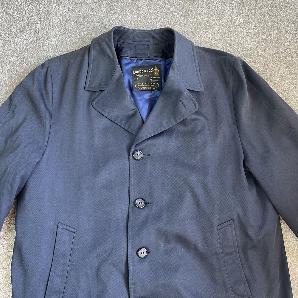 Vintage London Fog Coat Mens 44 Blue Wool Lined Maincoats Rain Overcoat Classic